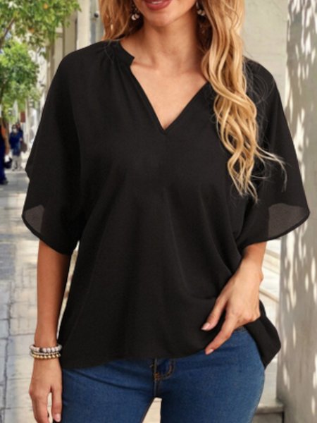 

Simple Plain V Neck Blouse, Black, Blouses & Shirts