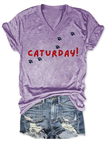 

Lilicloth x Kat8lyst Caturday Women's V Neck Casual T-Shirt, Purple, T-shirts