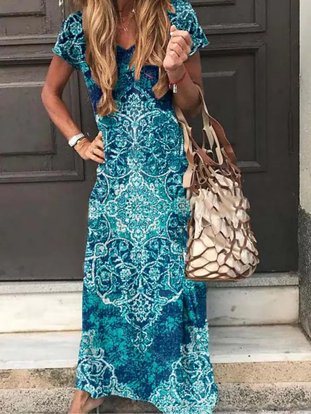 

Casual Ethnic Paisley Pattern Short sleeve V neck Dresses, Blue, Dresses