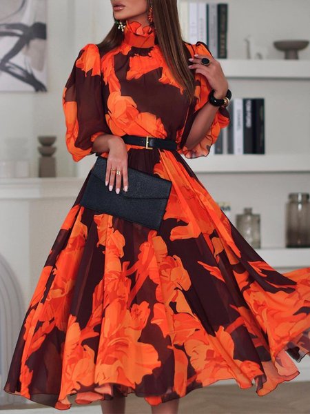 

Vacation Stand Collar Floral Printed Dress, Orange, Maxi Dresses