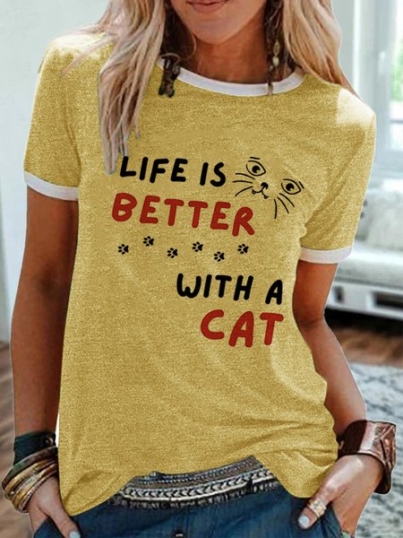 

Lilicloth x Kat8lyst Life Is Better With A Cat Women's Crew Neck Fit Casual T-Shirt, Yellow, T-shirts