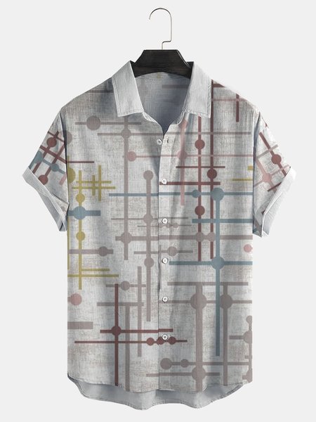 

Cotton Linen Geometric Print Casual Short Sleeve Shirt, As picture, Men's Floral shirt