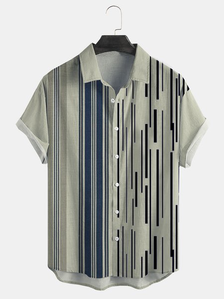 

Cotton Linen Striped Casual Short Sleeve Shirt, As picture, Men's Floral shirt