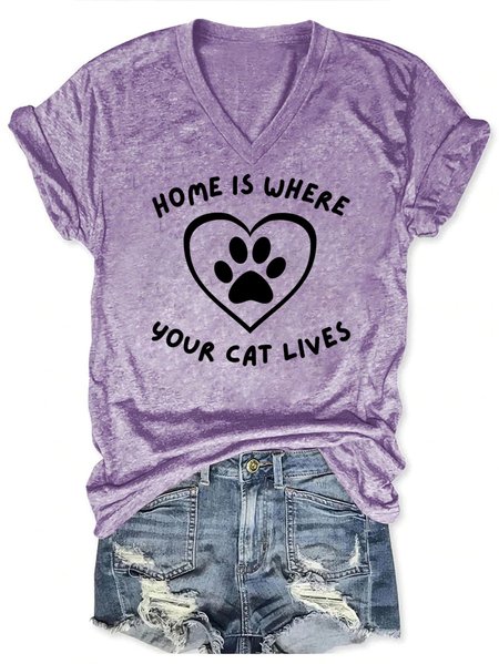 

Lilicloth x Kat8lyst Home Is Where Your Cat Lives Women's V Neck Cotton-Blend T-Shirt, Purple, T-shirts