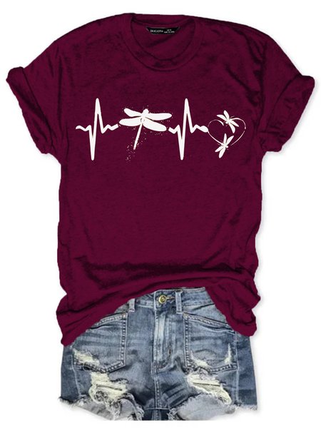 

Womens Dragonfly Heartbeat Print Casual T-Shirt, Wine red, T-shirts