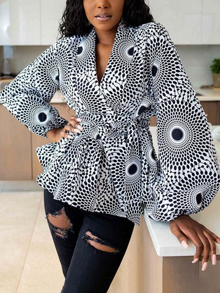 

Lantern Sleeve Shawl Collar Elegant Top, White, Tops