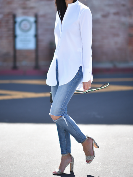 

Autumn H-Line No Elasticity Stand Collar Loose Daily Long sleeve Blouse, White, Blouses and Shirts