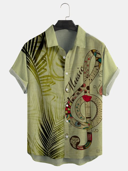 

Cotton Linen Music Print Casual Short Sleeve Shirt, As picture, Men's Floral shirt