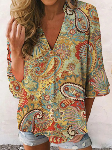 

Vintage Ethnic Floral Design V-Neck Loose Short Sleeve Shirt, Multicolor, Shirts & Blouses