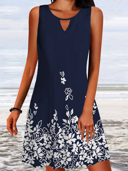 

Women Mini Dress Casual Floral Sleeveless A-Line Short Dress, Blue, Short