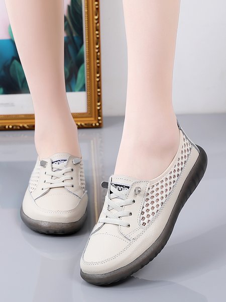 

JFN Leather Stitching Breathable Hollow Mesh Soft Lace Up Flat Shoes, Off white, Flats