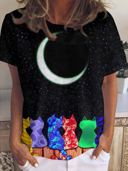 Women Funny Cat Animal Crew Neck Loose T-Shirt, Black, T-shirts