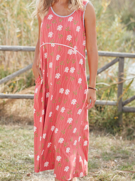 

Loose Cotton-Blend Crew Neck Dresses, Red, Dresses