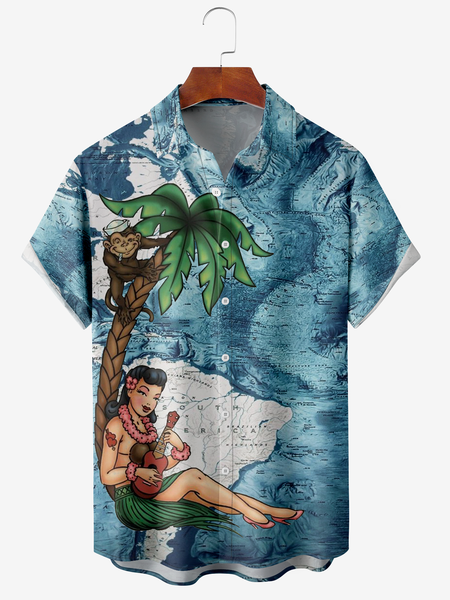 

Men's Hula Girl Print Anti-Wrinkle Moisture Wicking Fabric Fashion Lapel Short Sleeve Shirt, Blue, Men's Floral shirt