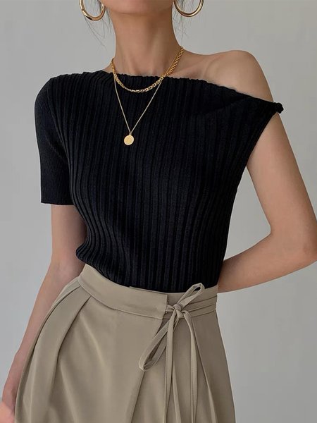 

Fit Simple Cold Shoulder Plain Sweater, Black, Tops