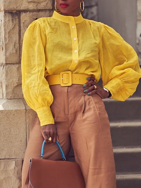 

Lantern Sleeve Plain Simple Blouse, Yellow, Blouses and Shirts