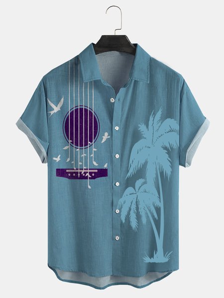 

Cotton Linen Music Print Casual Short Sleeve Shirt, Blue, Men's Floral shirt
