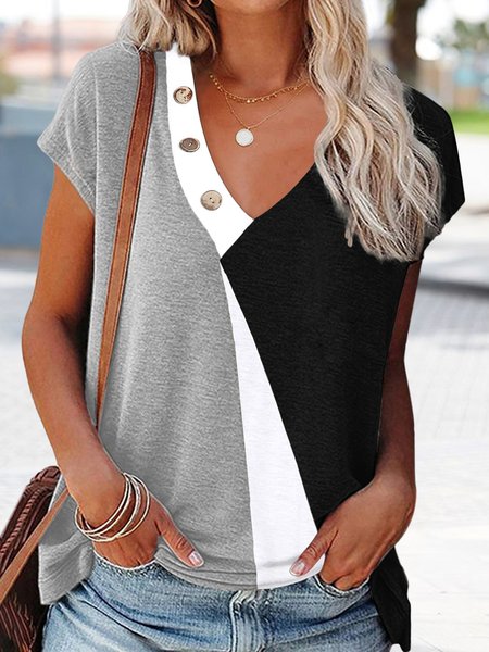 

V neck Casual Loose Colorblock T-Shirt, Multicolor, Tees & T-shirts