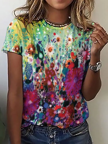 

Women's Casual Abstract Floral Print Crew Neck T-Shirt, As picture, T-shirts