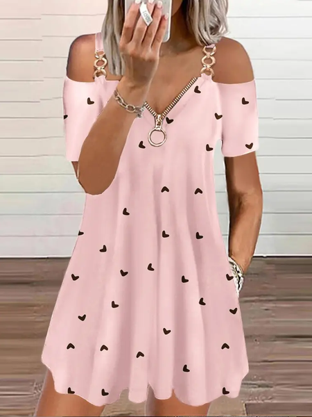 

Heart Print Chain Decor Cold Shoulder Swing Dress, Pink, Dresses