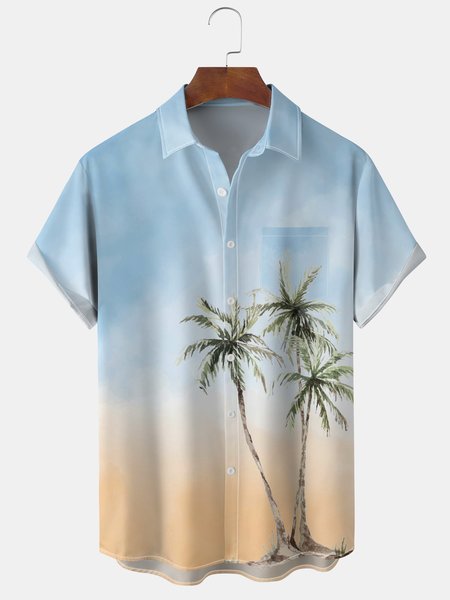

Men's Coconut Tree Element Graphic Gradient Print Short Sleeve Shirt, Blue, Men's Floral shirt