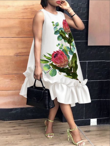 

Vacation Floral Loose Crew Neck Midi Dress, White, Midi Dresses