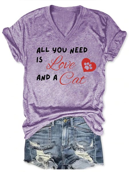 

Lilicloth x Kat8lyst All You Need Is Love And A Cat Women's Casual Cotton-Blend T-Shirt, Purple, T-shirts