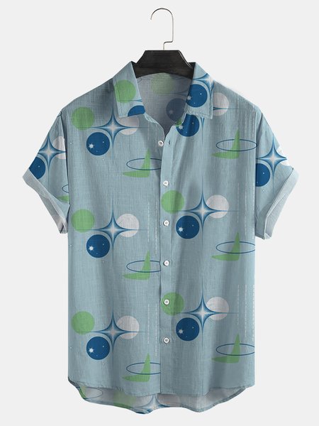 

Cotton Linen Geometric Print Casual Short Sleeve Shirt, As picture, Men's Floral shirt