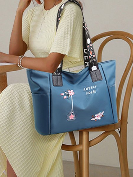 

JFN Floral Embroidered Oxford Fabric Water Resistant Shoulder Bags Large Capacity Tote Bags, Blue, Women's Bags