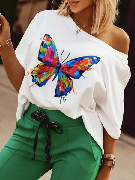 

Summer Asymmetrical A-Line Butterfly Loose Casual Daily T-Shirt, White, Tees