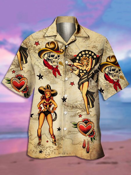 

Men's Vintage Girl Print Casual Short Sleeve Hawaiian Shirt, Khaki, Men's Floral shirt