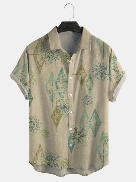 

Cotton Linen Geometric Print Casual Short Sleeve Shirt, As picture, Men's Floral shirt