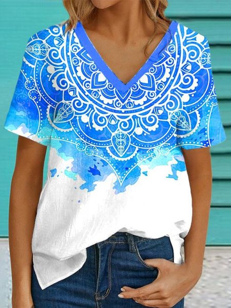 

Raglan Sleeve Casual V Neck Geometric Tops, Blue, Shirts & Blouses