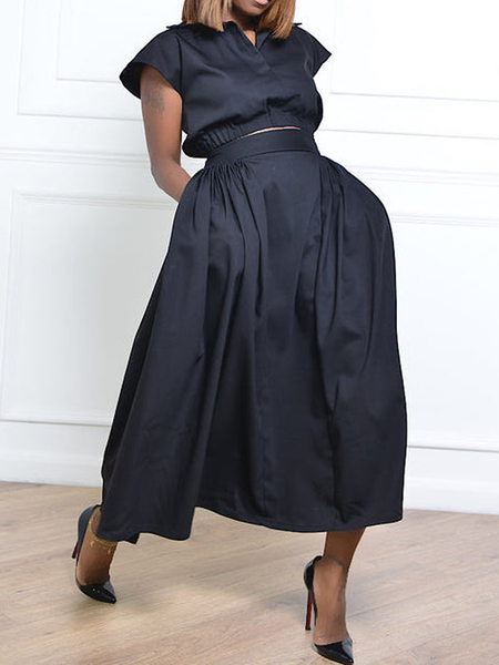 Summer A-Line Shawl Collar Loose Two Daily Piece Sets Top With Skirt, Black, Dress&Skirts Set