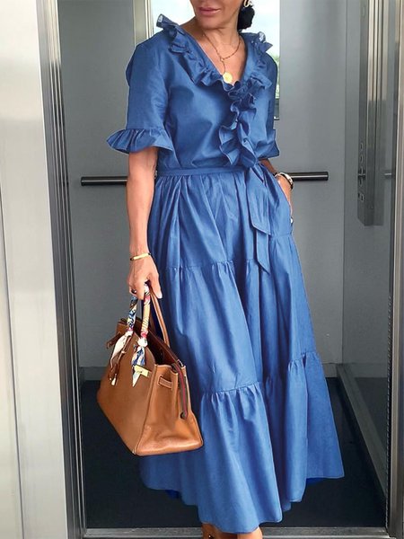 

Simple Solid Short Sleeve Woven Dress, Blue, Maxi Dresses