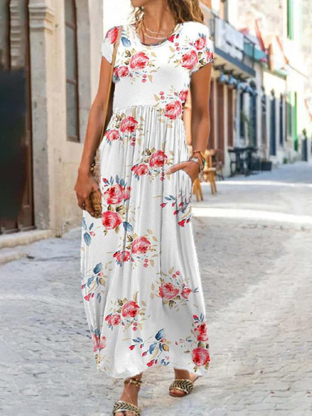 

Casual Floral Print Short Sleeve Crew Neck Maxi Dres, White, Dresses