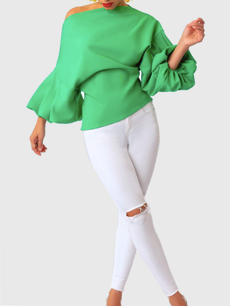 

Summer H-Line Asymmetrical Fit No Elasticity Daily Top, Green, Blouses and Shirts