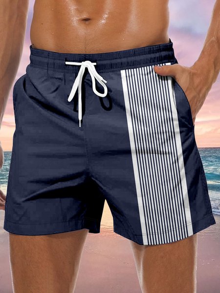 

Men's Geometric Stripe Print Resort Casual Beach Shorts, Blue, Men's shorts