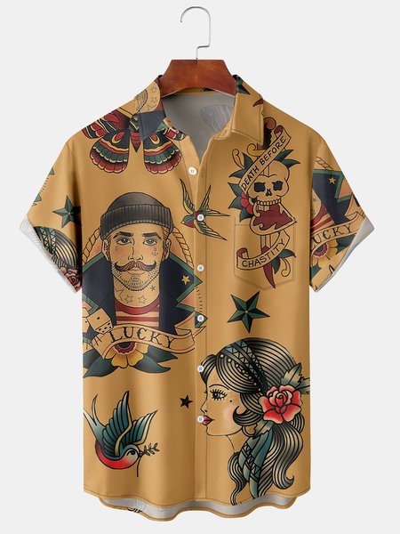

Men's Casual Short Sleeve Hawaiian Shirt with Chest Pocket Print, Deep khaki, Men's Floral shirt