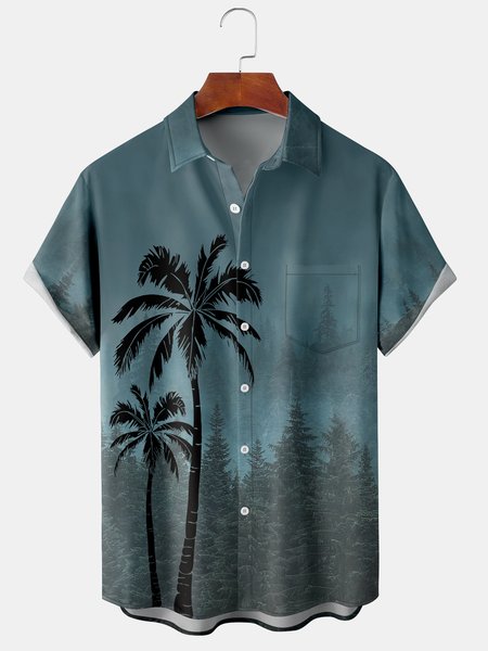 

Resort Style Hawaii Series Gradient Color Plant Coconut Tree Element Pattern Lapel Short-Sleeved Chest Pocket Shirt Printed Top, Lake blue, Shirts ＆ Blouse