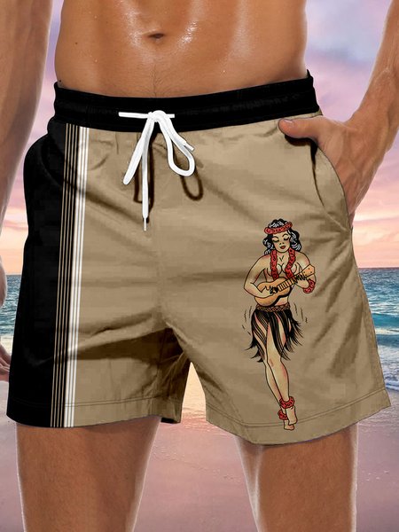 

Men's Vintage Girls Print Casual Beach Pants, Khaki, Men's shorts