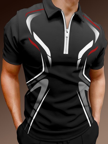 

Casual Art Collection Geometric Color Block Pattern Lapel Short Sleeve Polo Print Top, Black, Polos