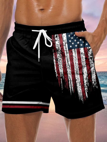 

Men's American Flag Element Graphic Print Casual Vacation Beach Shorts, Black, Men's shorts