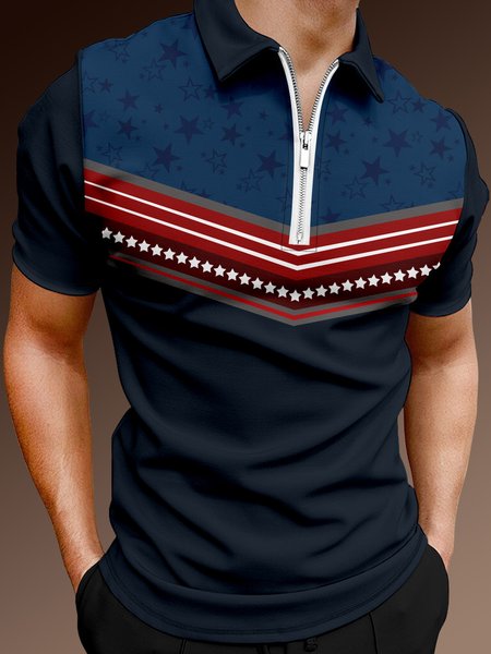 

Casual Festive Collection Geometric Stripes Color Block American Flag Pattern Lapel Short Sleeve Polo Print Top, Purplish blue, Men's t-shirts