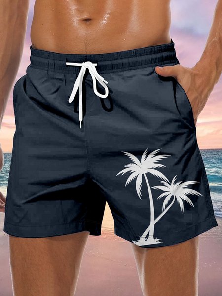 

Men's Coconut Tree Element Graphic Print Casual Vacation Beach Shorts, Blue, Men's shorts