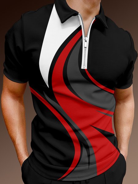 Casual Art Collection Geometric Color Block Pattern Lapel Short Sleeve Polo Print Top, Black, Men's t-shirts