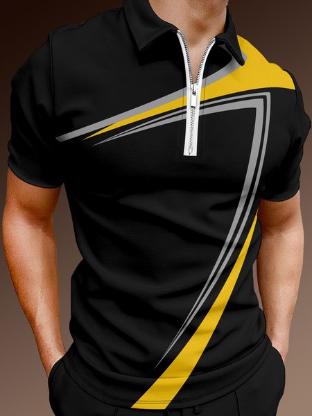 

Casual Art Collection Geometric Color Block Pattern Lapel Short Sleeve Polo Print Top, Black, Men's t-shirts