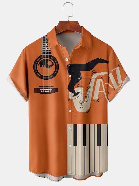 

Men's Casual Short Sleeve Hawaiian Shirt with Chest Pocket Print, Orange red, Men's Floral shirt