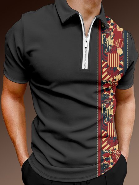 

Casual Festive Collection Geometric Striped Color Block American Flag Element Pattern Lapel Short Sleeve Polo Print Top, Deep gray, Polos