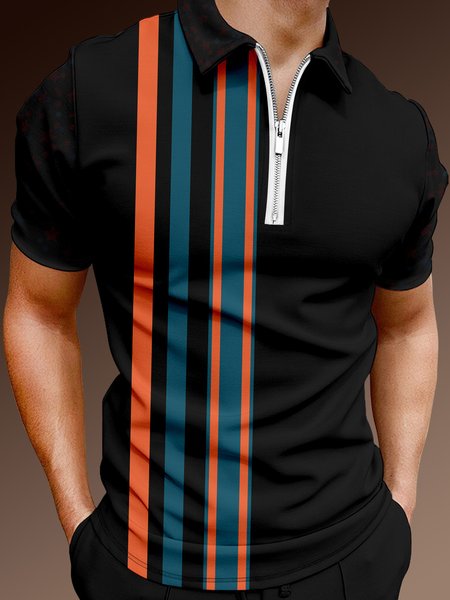 

Casual Art Collection Geometric Stripes Color Block Pattern Lapel Short Sleeve Polo Print Top, Black, Men's t-shirts